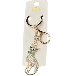 Mint Rhinestone Cat Keychain with Green Bow